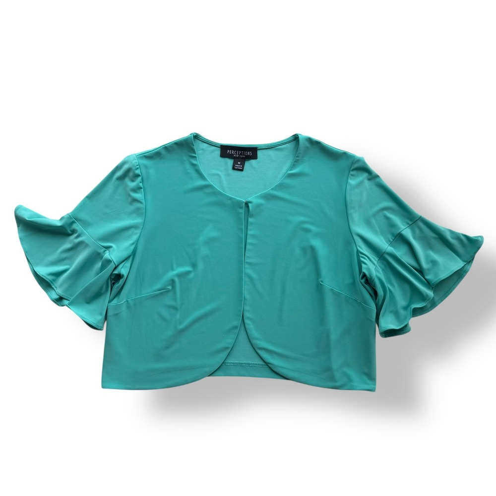 Perceptions New York M Teal Green Ruffle Sh Sleeve Cropped Bolero Shrug Cardigan